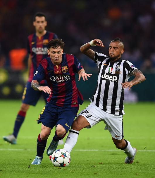 Finale Champions 2015. Barcellona-Juventus 3-1. Messi marcato dallo juventino Vidal (Getty Images)